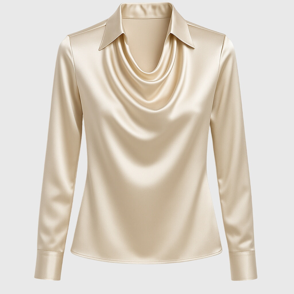 Chemisier en satin crème à col chemise et encolure en V drapée