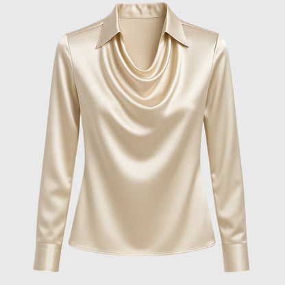 Chemisier en satin crème à col chemise et encolure en V drapée
