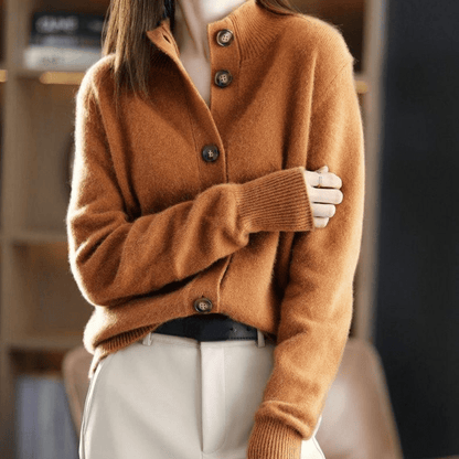 Gilet en cachemire orange à col, boutonnage central et manches longues côtelées