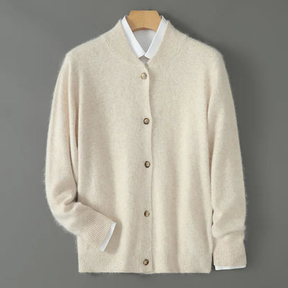Cardigan en cachemire beige clair à col en V, boutons ton sur ton et poignets côtelés