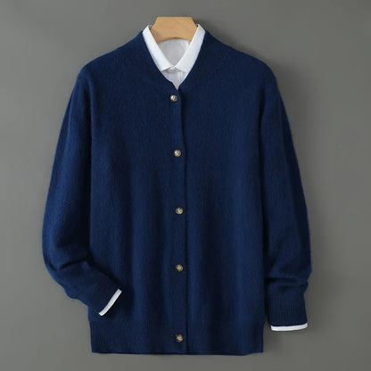 Cardigan en cachemire bleu nuit à col V, boutons nacrés et poignets côtelés