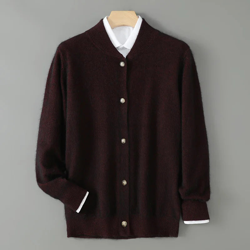 Cardigan en cachemire bordeaux foncé à col V, boutons nacrés et manches longues