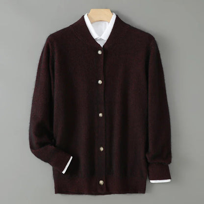 Cardigan en cachemire bordeaux foncé à col V, boutons nacrés et manches longues