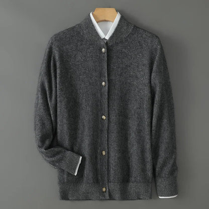 Cardigan en cachemire gris anthracite, col V et patte de boutonnage à boutons