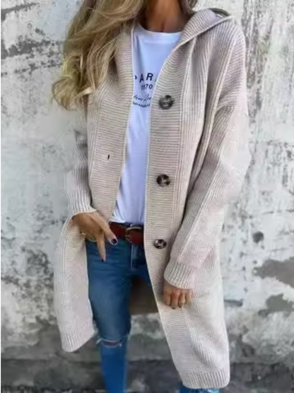 Cardigan long beige à boutons, col ouvert, manches longues, poches sur les côtés