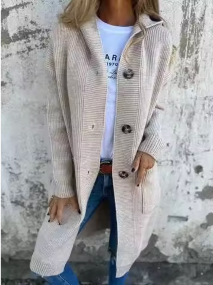 Cardigan long beige à boutons, col en V, manches longues, poches sur les côtés