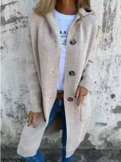 Cardigan long beige à boutons, col en V, manches longues, poches sur les côtés