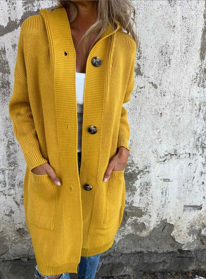 Cardigan long jaune à boutons, col ouvert, manches longues, poches sur les côtés