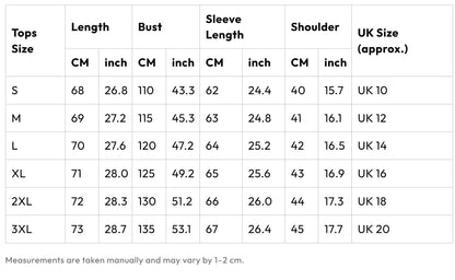 Tableau des tailles pour veste : longueur, buste, longueur de manche et UK approx.