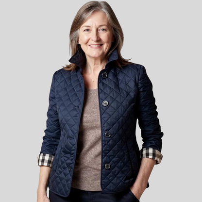 Veste matelassée bleu marine à boutons, motif losanges, col chemise et poignets à carreaux