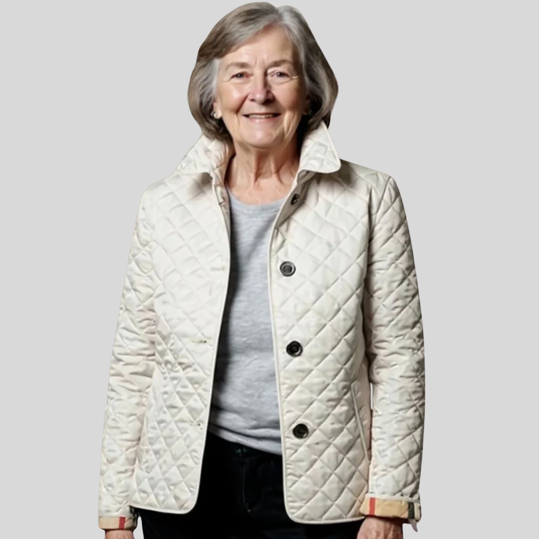 Veste matelassée ivoire à col chemise, motif losanges, fermeture boutonnée et poches