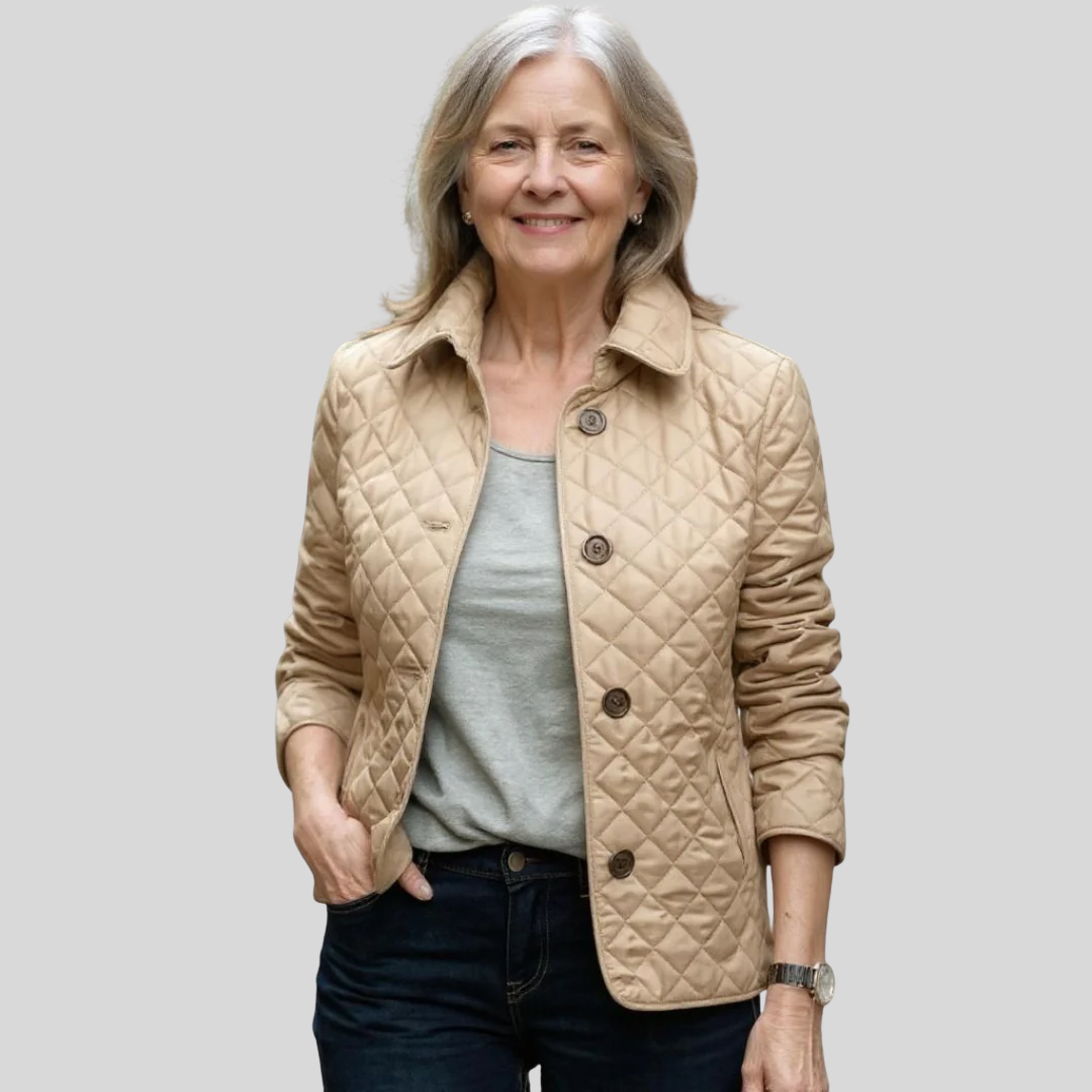 Veste matelassée beige à col chemise, motif losanges, fermeture boutonnée et poches latérales