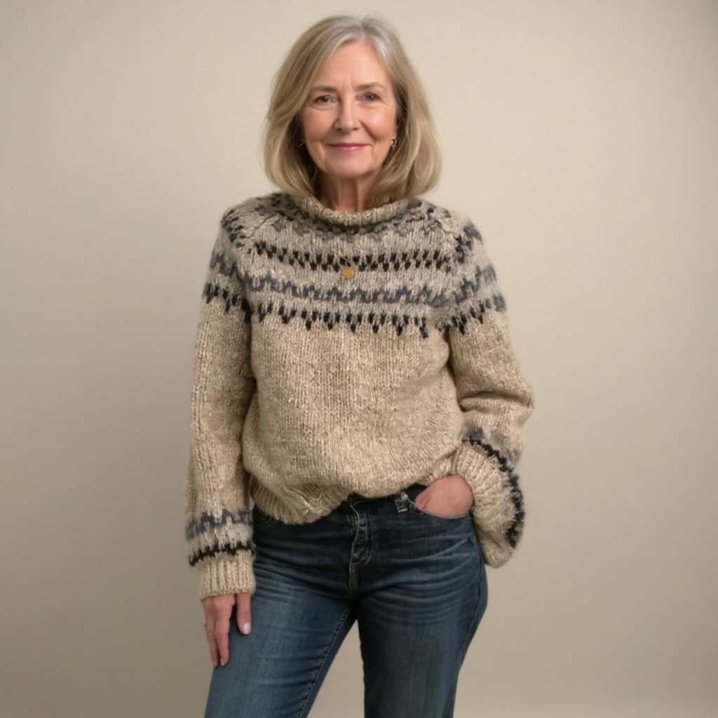 Pull en maille beige à motif jacquard bleu et noir, col montant côtelé
