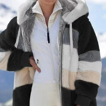 Veste d’hiver à capuche fausse fourrure, blocs noir et blanc, fermeture zippée