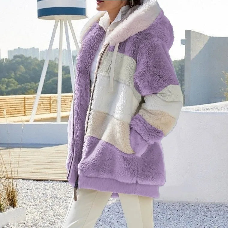 Veste d’hiver à capuche fausse fourrure, blocs violet et blanc, fermeture zippée