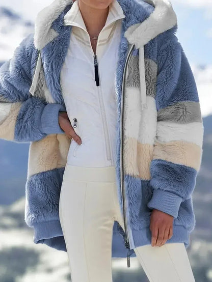Veste d’hiver à capuche en fausse fourrure, blocs bleu et blanc, fermeture zippée