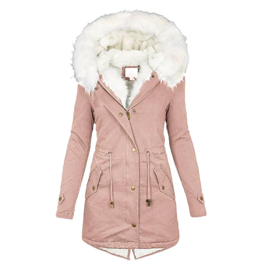 Parka d'hiver rose poudré à capuche bordée de fausse fourrure, boutonnée