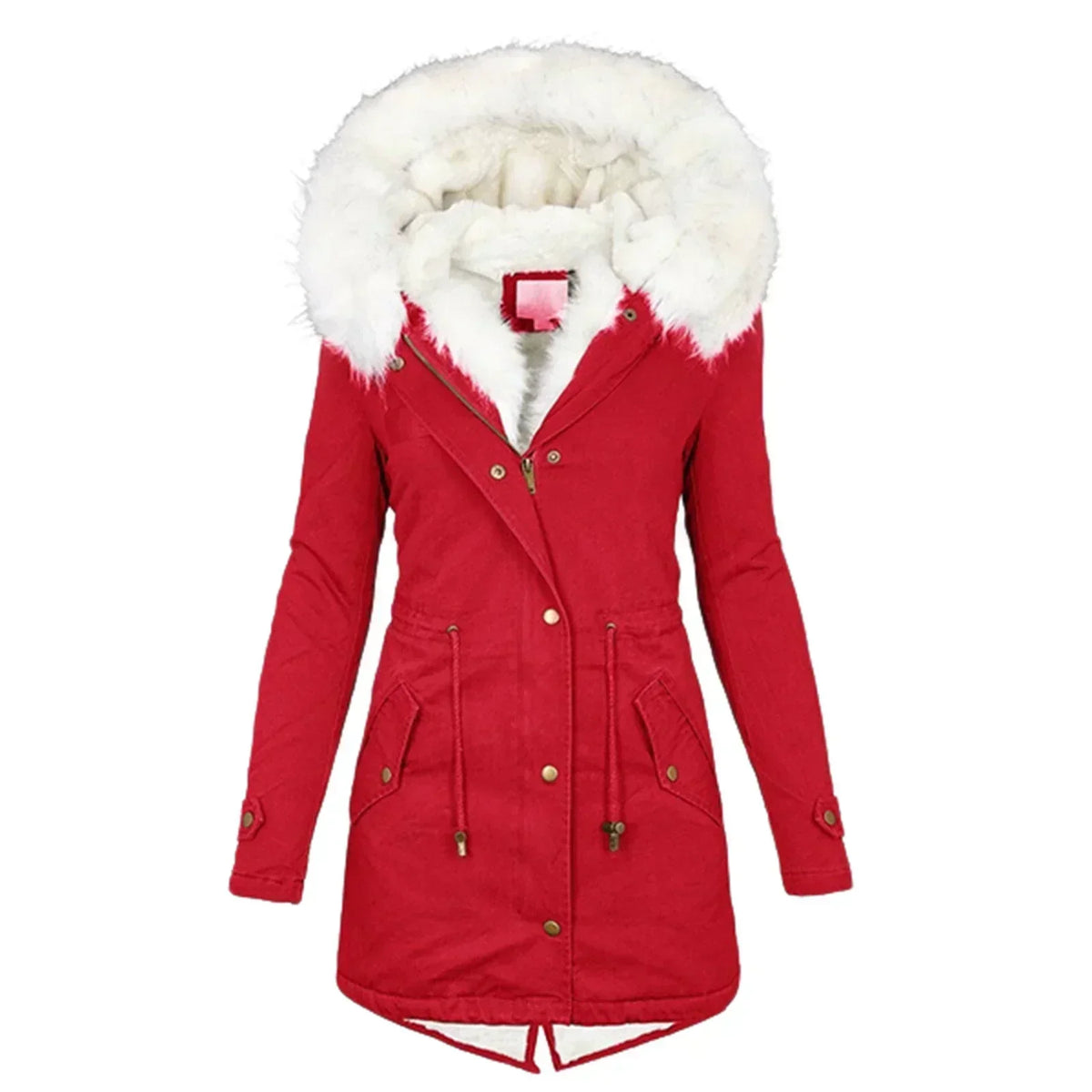Parka d'hiver rouge à capuche bordée de fausse fourrure, boutonnée