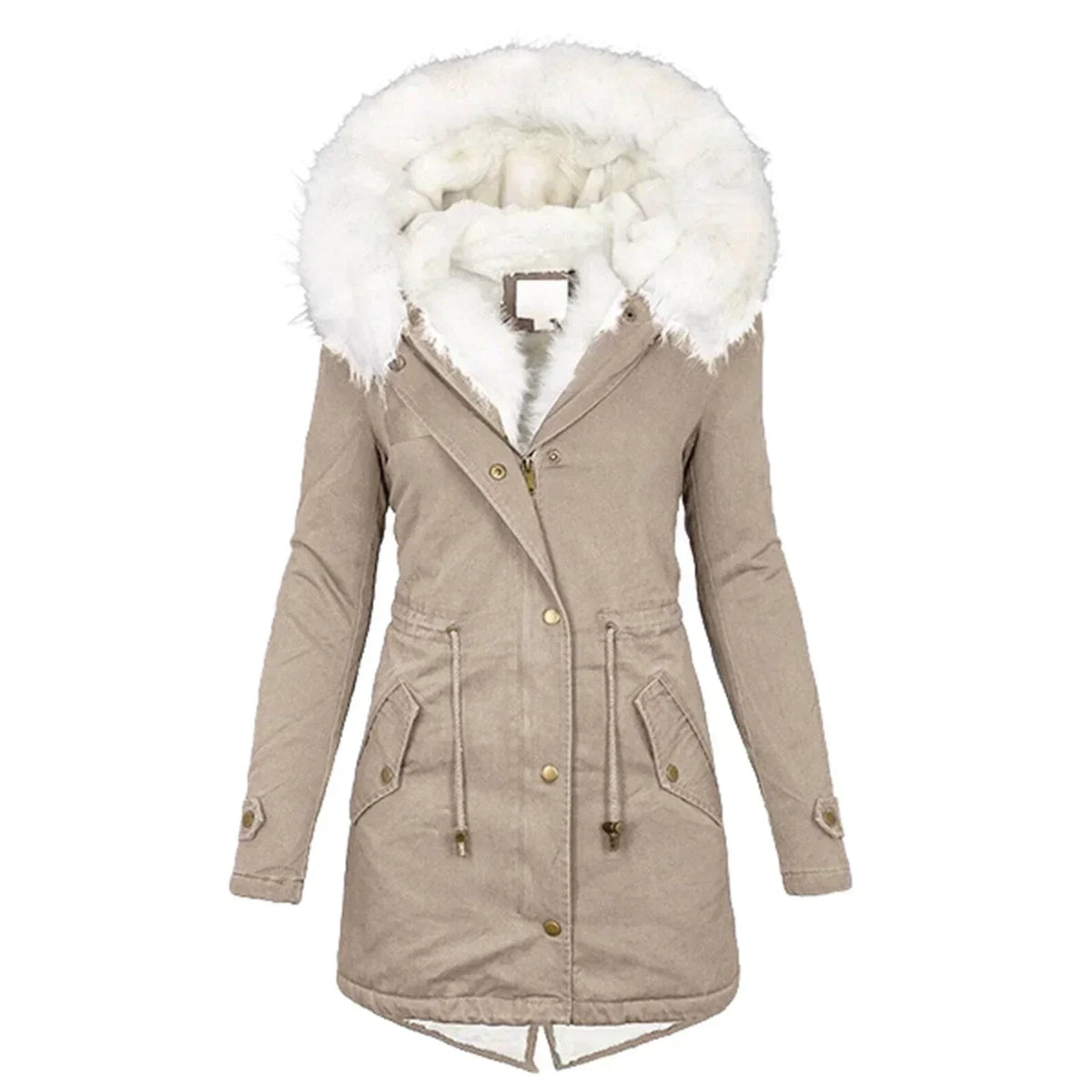 Parka d'hiver beige à capuche bordée de fausse fourrure, boutonnée