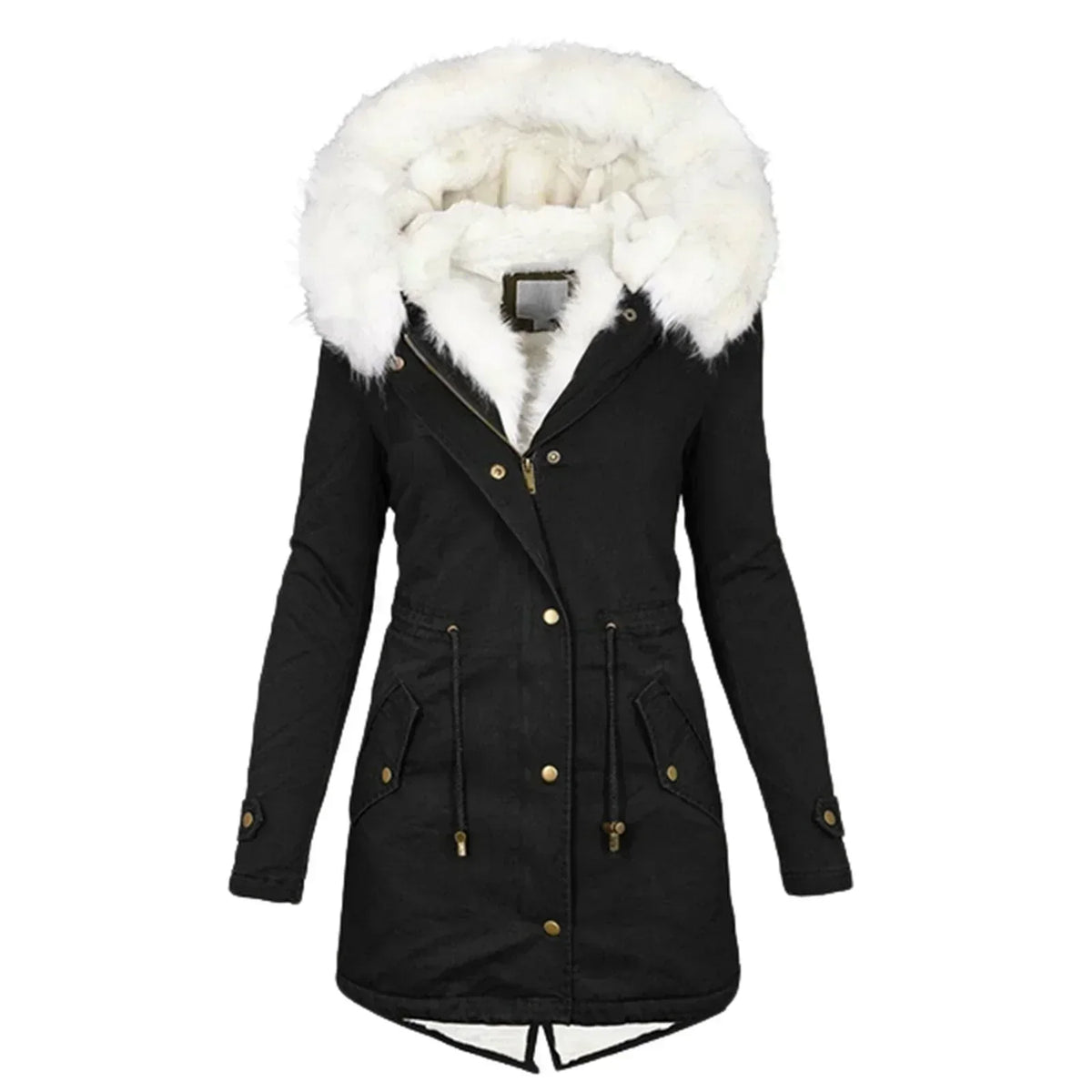 Parka d'hiver noire à capuche bordée de fausse fourrure, boutonnée