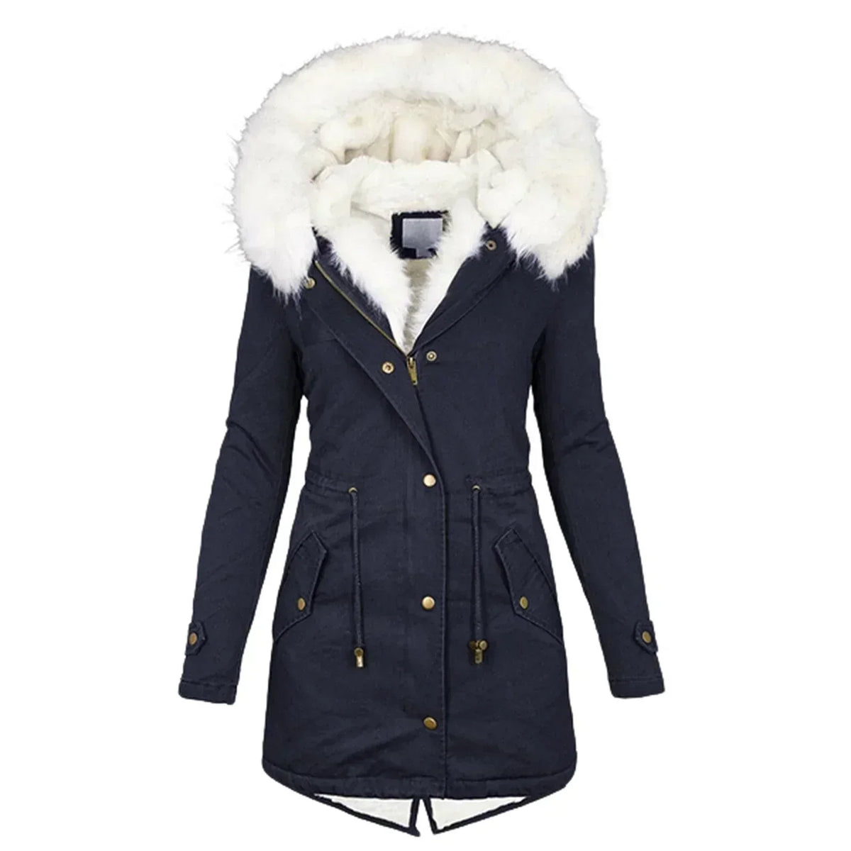Parka d'hiver bleu marine à capuche bordée de fausse fourrure, boutonnée