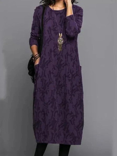Robe d’hiver longue à manches longues, imprimé végétal violet foncé, col rond