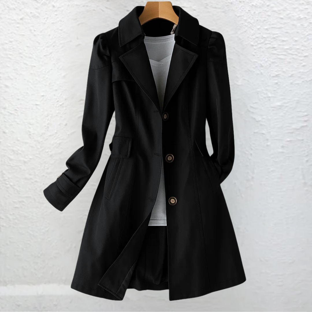 Trench-coat noir double-boutonné, col à revers, poches latérales
