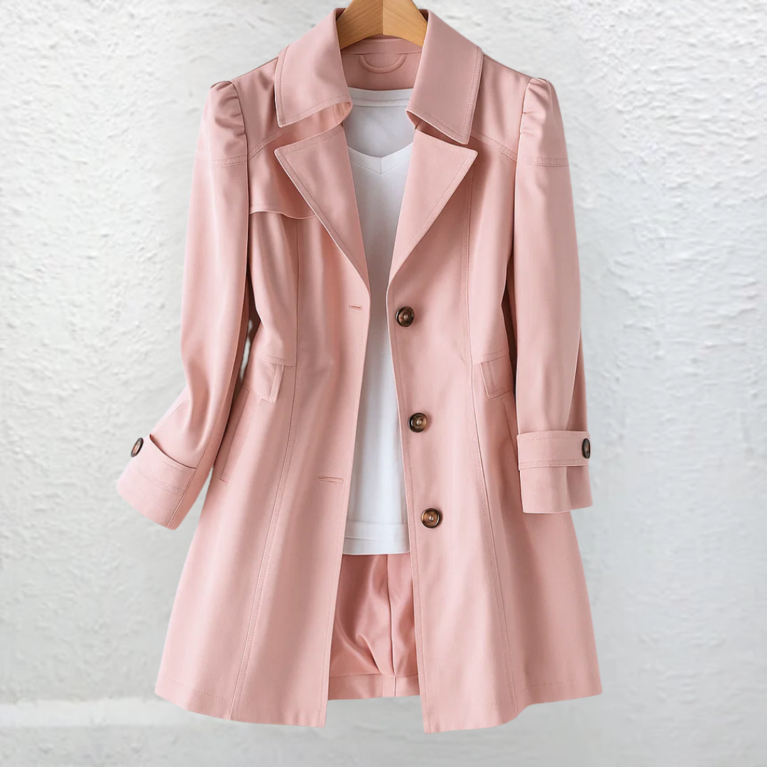 Trench-coat rose double-boutonné, col à revers, poches sur la poitrine