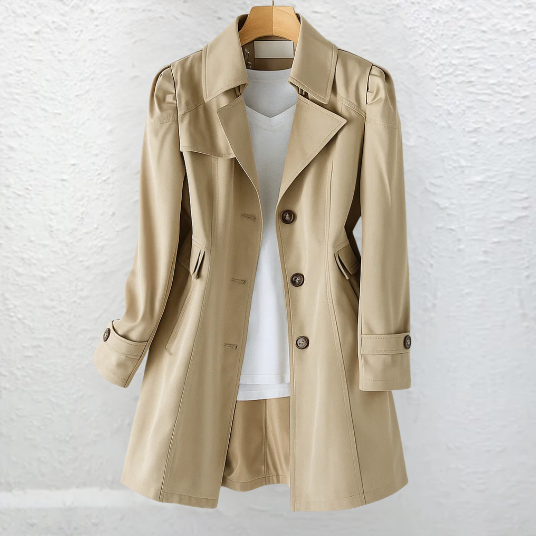 Trench-coat kaki double-boutonné, col à revers, poches latérales