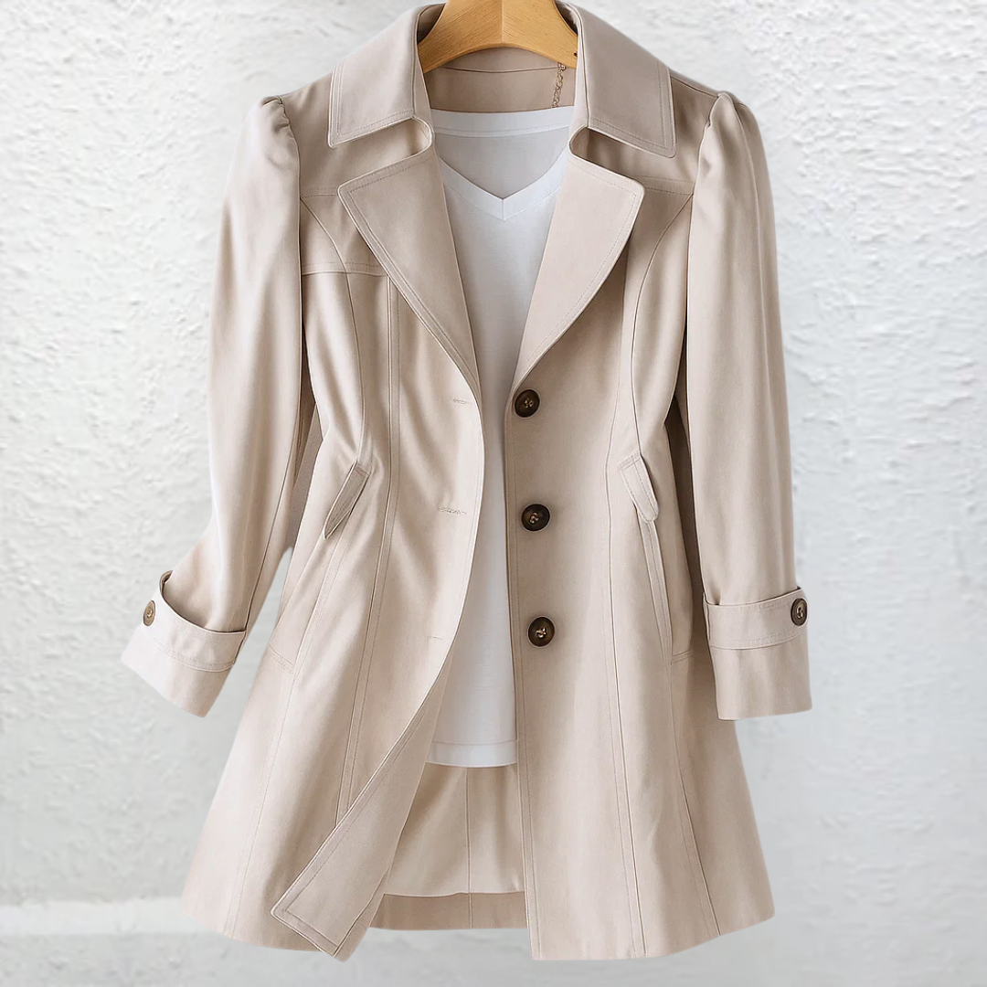 Trench-coat beige clair double-boutonné, col à revers et poches