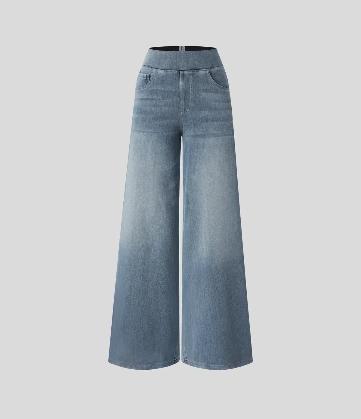 Pantalon en jean bleu, coupe ample évasée, taille élastique et entrejambe structuré