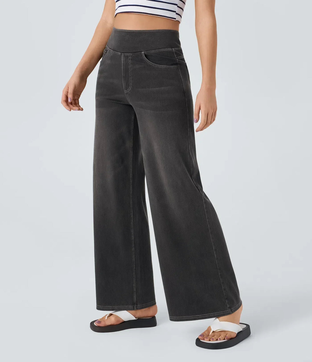 Pantalon en jean gris foncé coupe ample, taille élastique et jambes larges