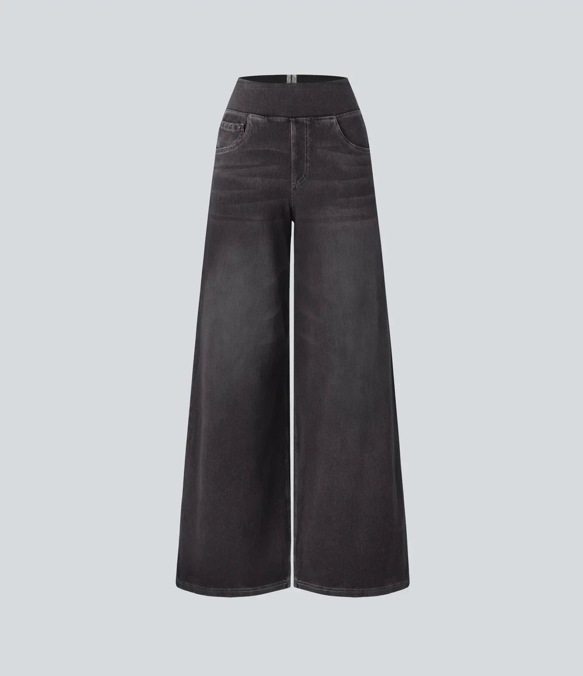 Pantalon en jean gris foncé, jambe évasée et taille élastique, vue arrière