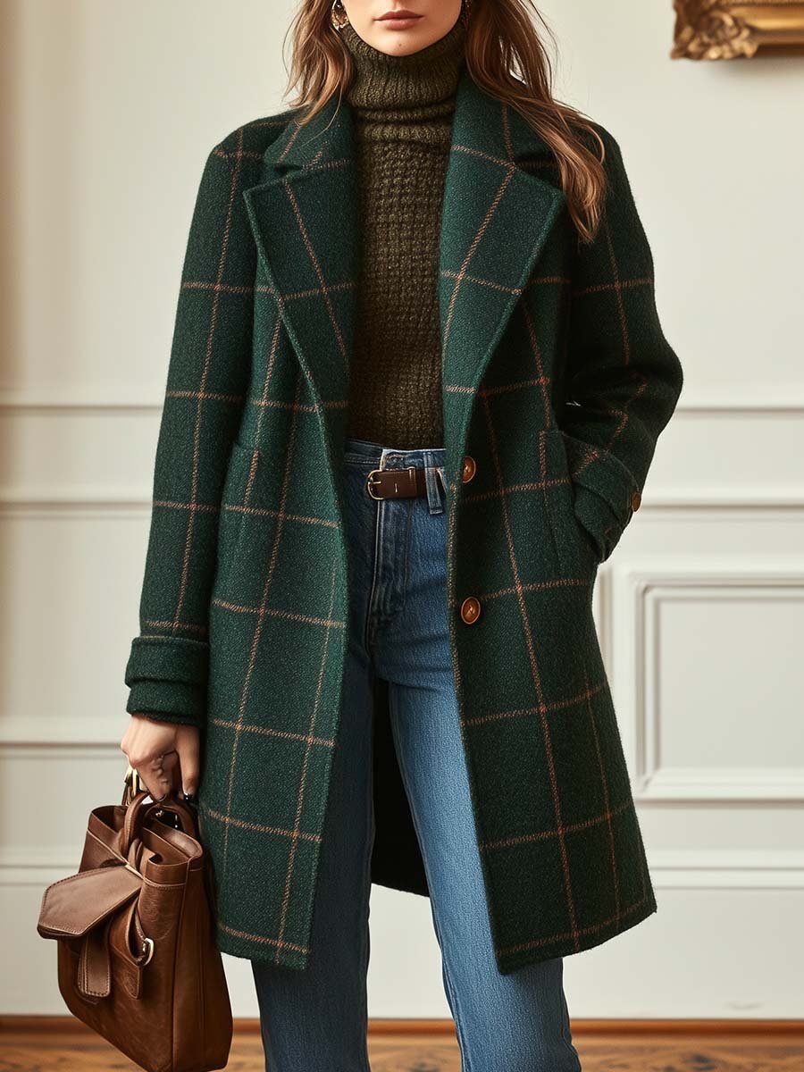 Manteau long à carreaux vert, silhouette droite, boutons bruns sur le devant