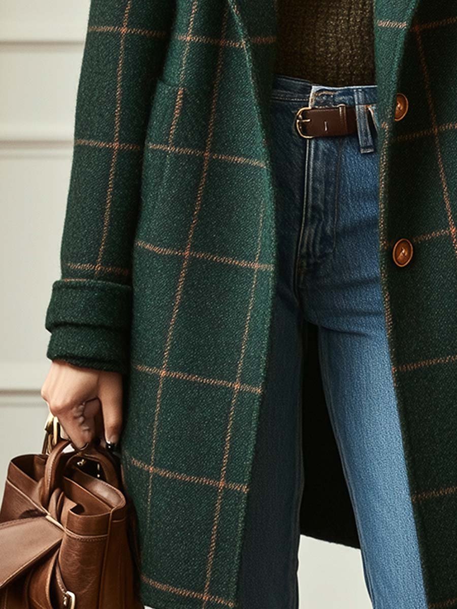 Manteau à carreaux vert, poignets boutonnés et devant fermé par boutons