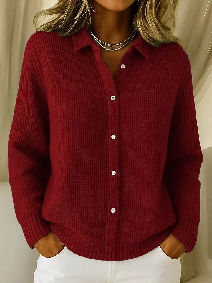 Cardigan en maille rouge foncé à col chemise, boutons devant, manches longues
