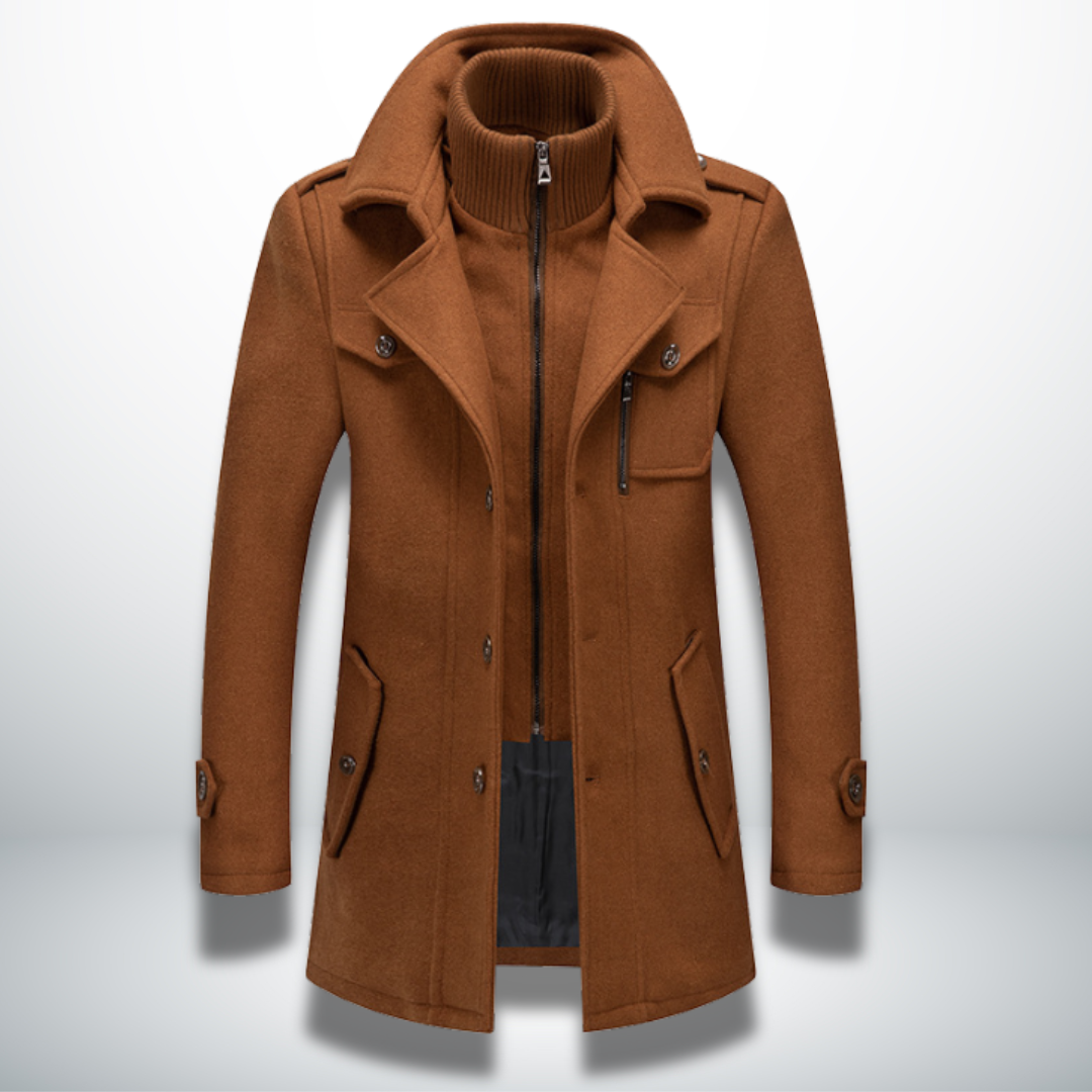 Manteau d’hiver chameau à col montant, fermeture zippée et poches à rabat