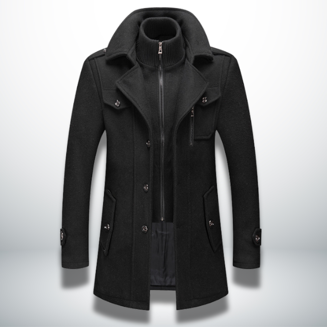 Manteau d’hiver noir à col montant, fermeture zippée et poches latérales à rabat