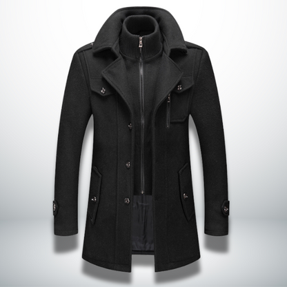 Manteau d’hiver noir à col montant, fermeture zippée et poches latérales à rabat