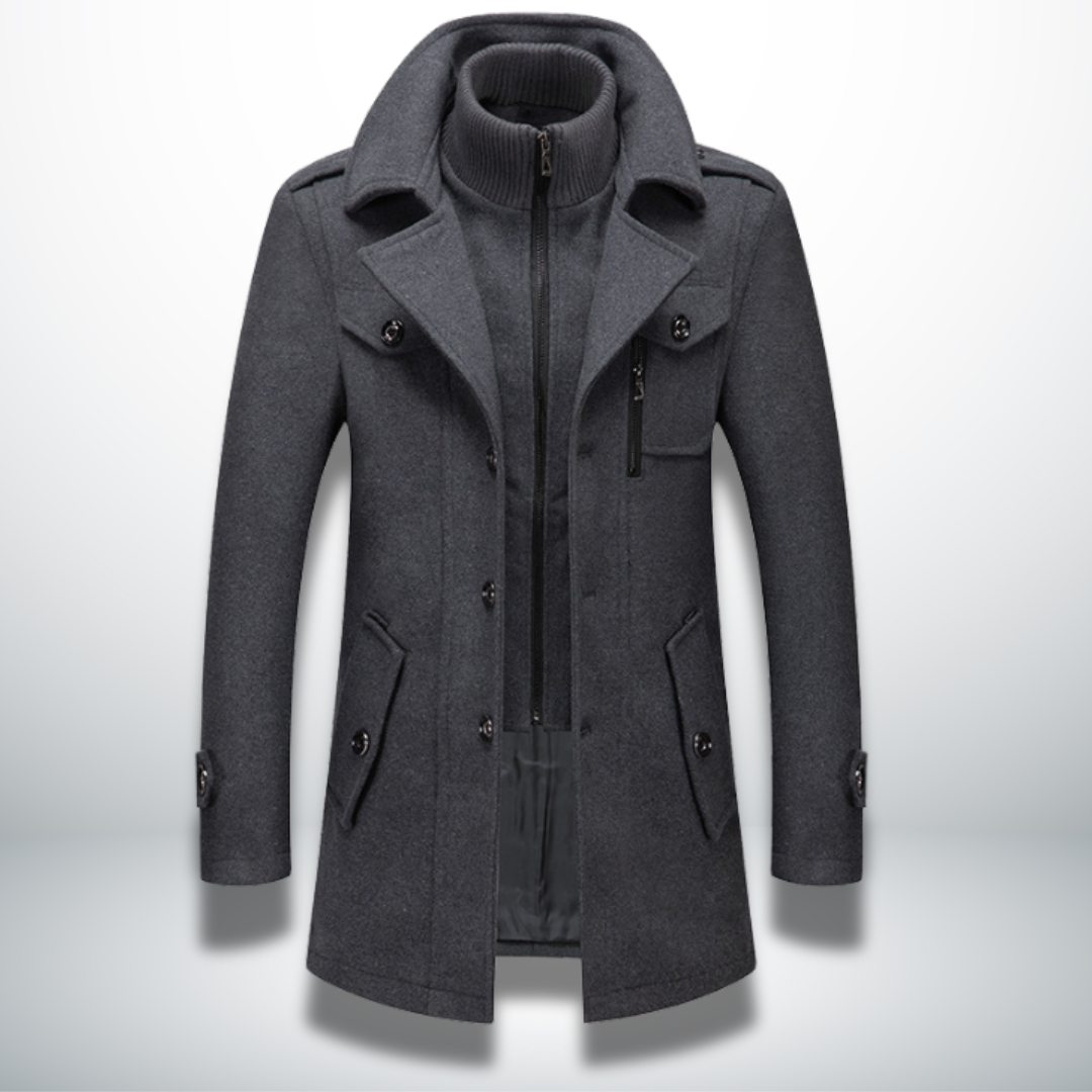 Manteau d’hiver gris à col montant, fermeture zippée et poches à rabat