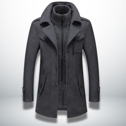 Manteau d’hiver gris à col montant, fermeture zippée et poches à rabat