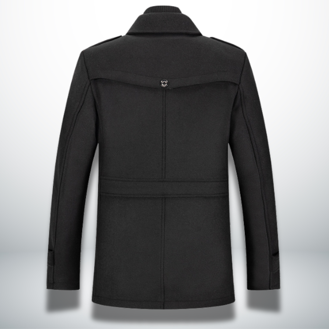 Manteau d’hiver noir à col montant, couture centrale et capuche pliée