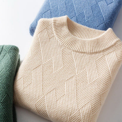 Pull en cachemire beige, col montant côtelé, maille texturée à motifs géométriques