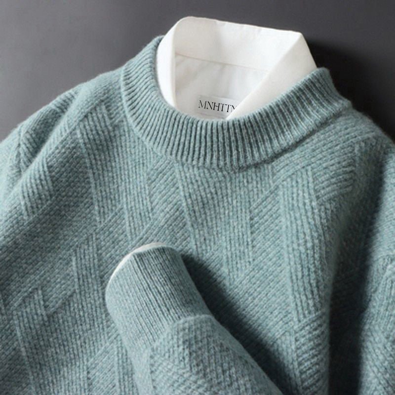 Pull en cachemire vert d’eau, col montant côtelé, maille texturée à motifs