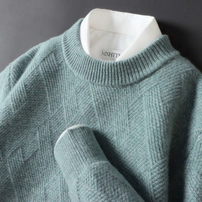 Pull en cachemire vert d’eau, col montant côtelé, maille texturée à motifs