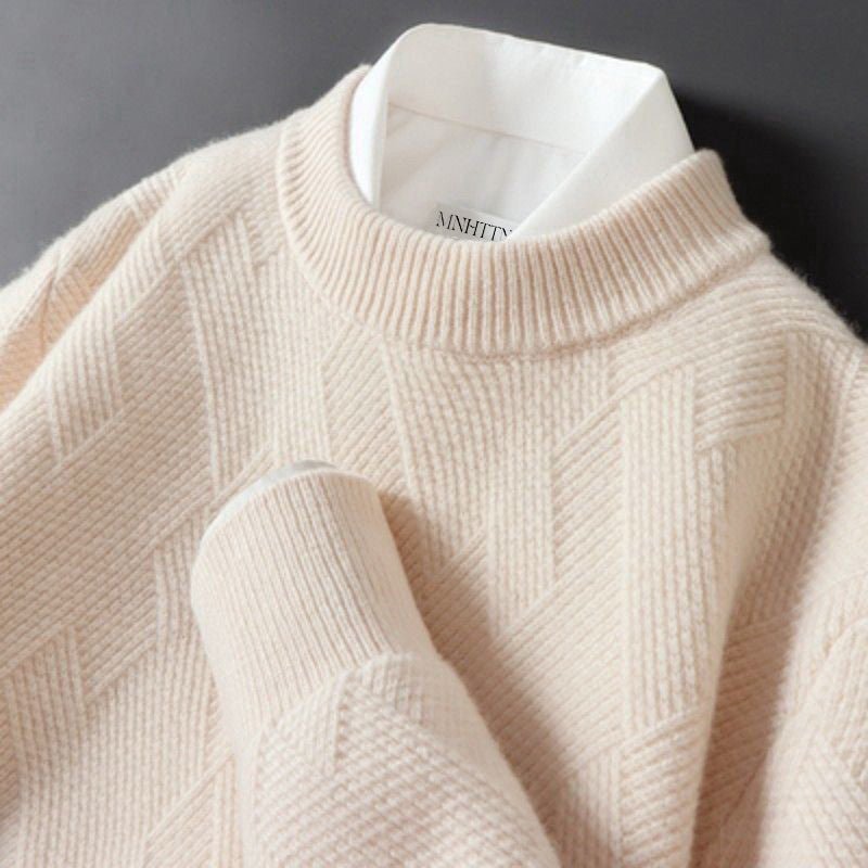 Pull en cachemire beige, col montant côtelé, maille texturée à motifs géométriques