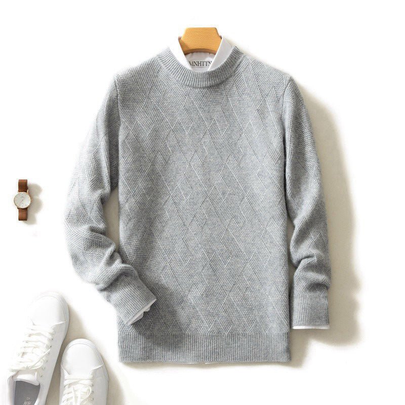 Pull en cachemire gris, col rond côtelé, motif géométrique en relief