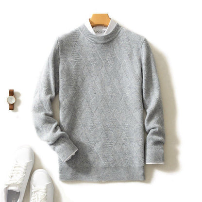 Pull en cachemire gris, col rond côtelé, motif géométrique en relief