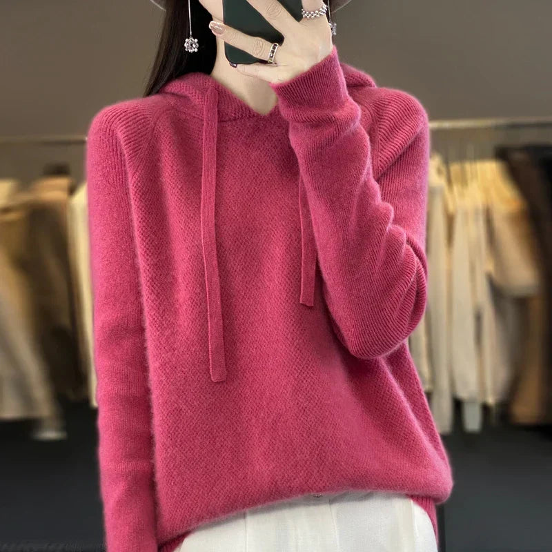 Pull en laine mérinos à capuche, rose foncé, manches longues, cordon au capuchon