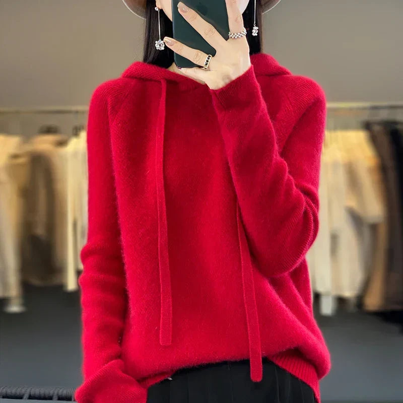 Pull en laine mérinos à capuche, rouge vif, manches longues, cordon au capuchon